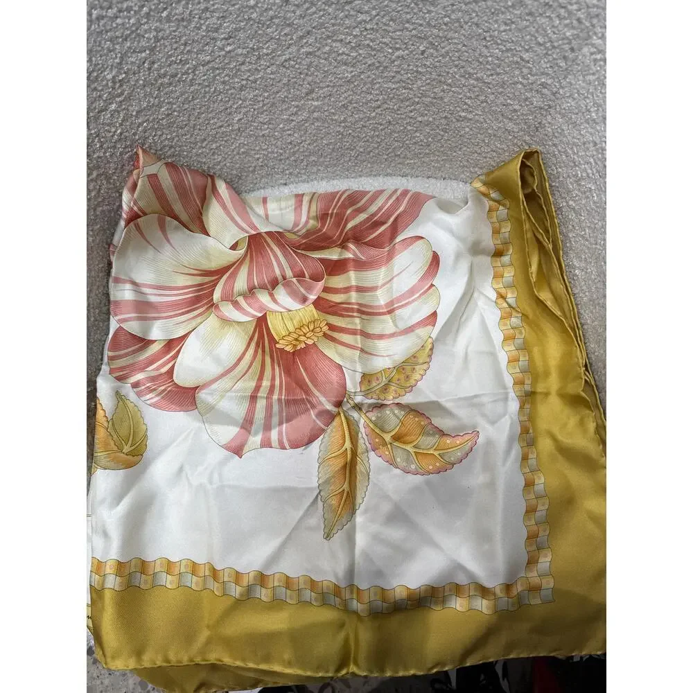 Salvatore Ferragamo Silk Scarf Floral Print Gold Border 34” Square Vintage Italy